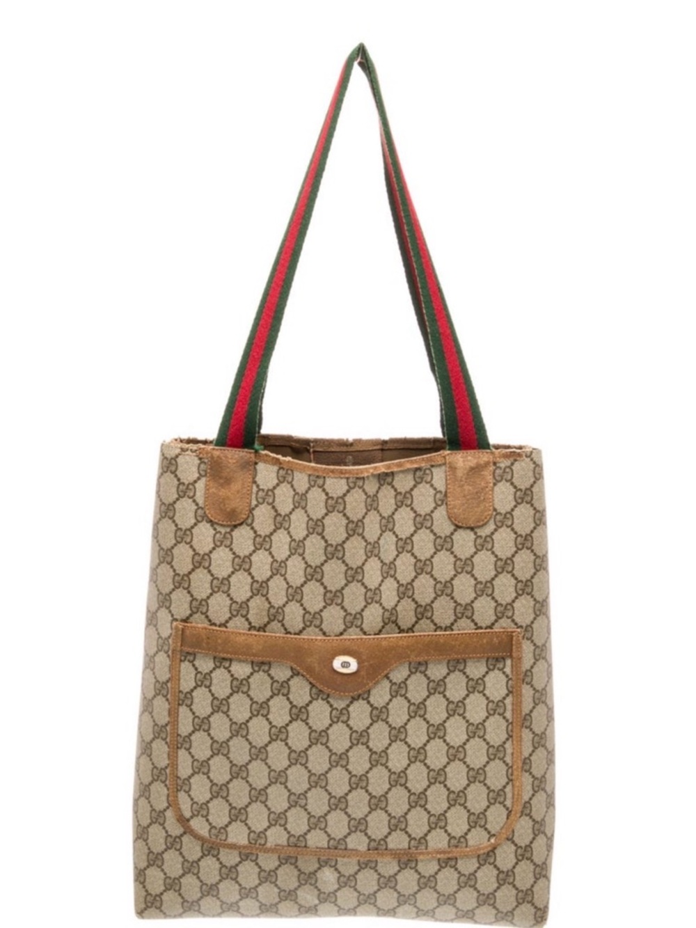 Gucci GG Supreme Ophelia Canvas Tote with Brown Trim and Green-Red Web Straps